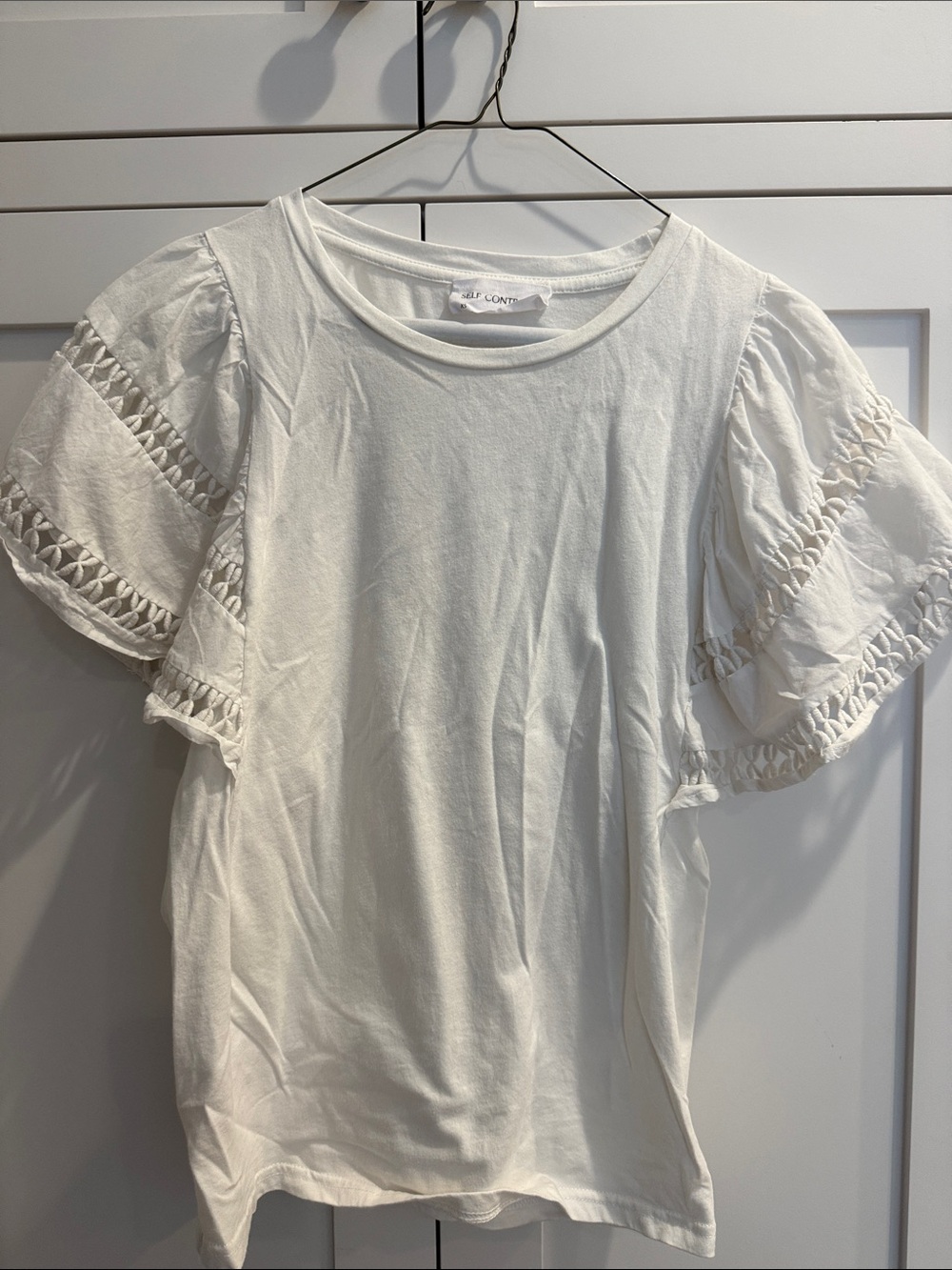Self Contrast. White Short Sleeve Tee with Crochet Ruffle Sleeves. XS.